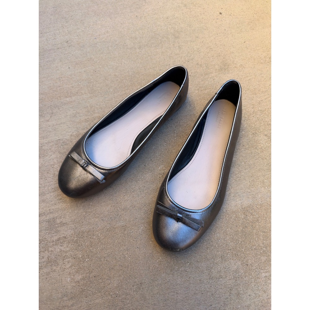 Ted Baker London Metallic gunmetal Pewter Leather Bow Ballet Flats Womens 39 8.5